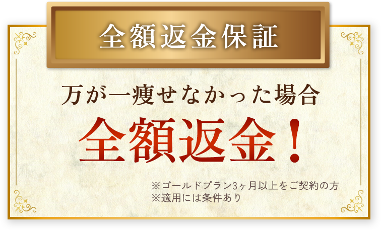 全額返金保証　万が一痩せなかった場合、全額返金！