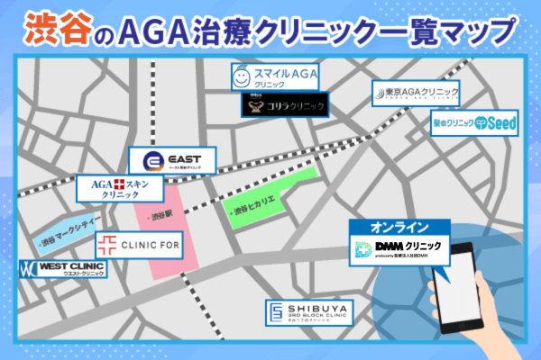 渋谷のAGA治療おすすめクリニックのマップ分布画像